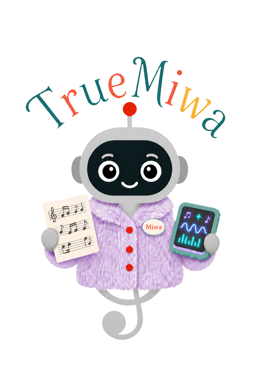 TrueMiwa logo with a friendly robot holding sheet music and a music display